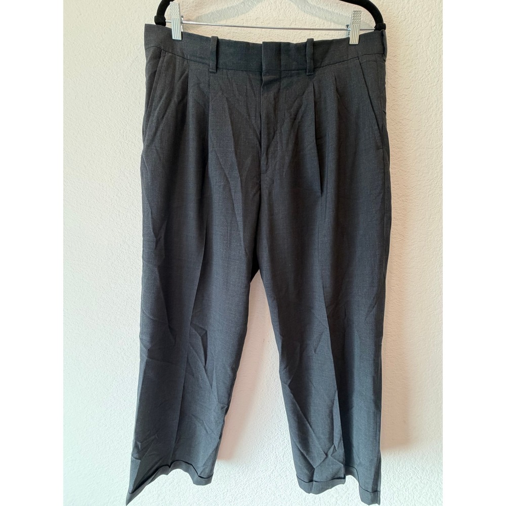 LL Bean Mens 36 100% Wool Pleated Cuffed Dress Pants Trousers Charcoal Gray